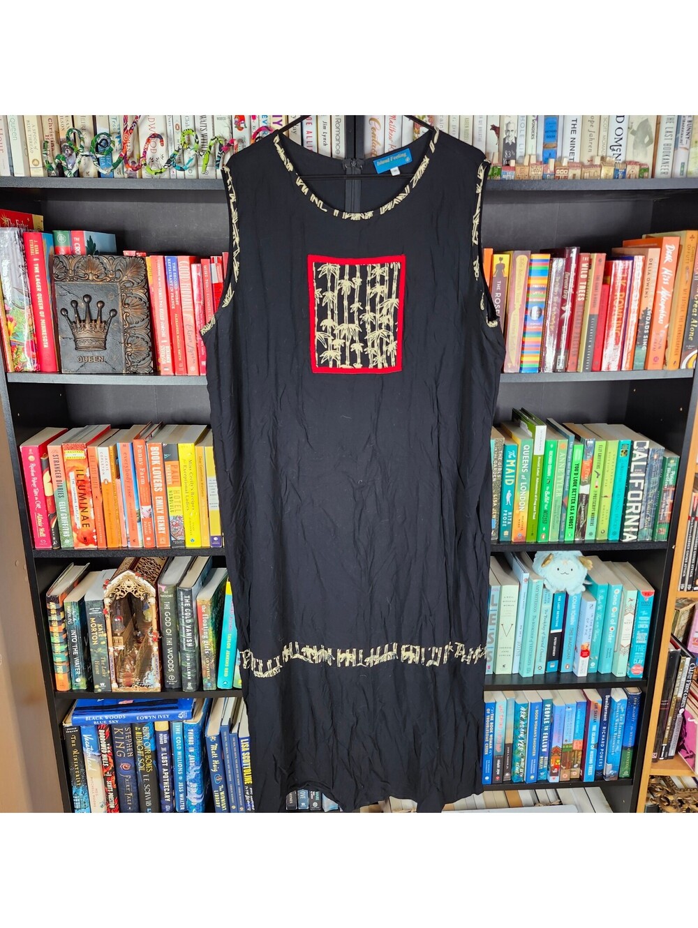 Island Feeling 3X Black Bamboo Print Sleeveless Midi Dress Boho Artsy